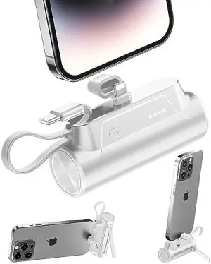 Portable-Charger-Power-Bank - 8000mAh Small Portable Phone Charger 5V3.1A Fast Charger Built-in Type-C Cable and Phone Holder Cute Battery Pack for iPhone and Android Phone(White)