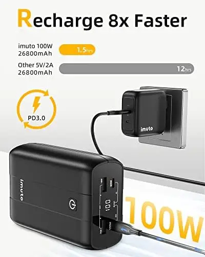 imuto Portable MacBook Pro/Air Charger, 100W Power Bank with 90W USB-C Charger Bundle (1.5 Hrs Recharge), 99wh (26800mah) Portable Laptop Charger for Dell XPS, Lenovo, iPhone 14/13, Samsung, iPad Pro - Image 2