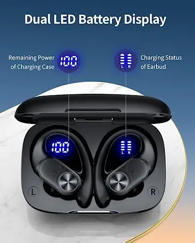 Bluetooth Headphones Wireless Earbuds 80hrs Playtime Wireless Charging Case Digital Display Sports Ear buds with Earhook Premium Deep Bass IPX7 Waterproof Over-Ear Earphones for TV Phone Laptop Black - Image 3