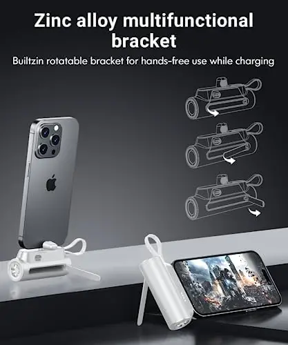 Portable-Charger-Power-Bank - 8000mAh Small Portable Phone Charger 5V3.1A Fast Charger Built-in Type-C Cable Flashlight and Phone Holder Cute Battery Pack for iPhone and Android Phone(White) - Image 2