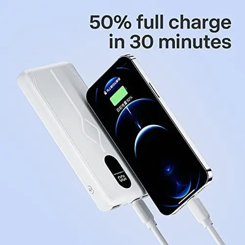 Rayuwen Fast Charge Power Bank PD22.5W Portable 30000mAh Charger Digital Display External Battery Large Capacity Thin Battery Backup with 1 Inputs and 3 Outputs - Image 5