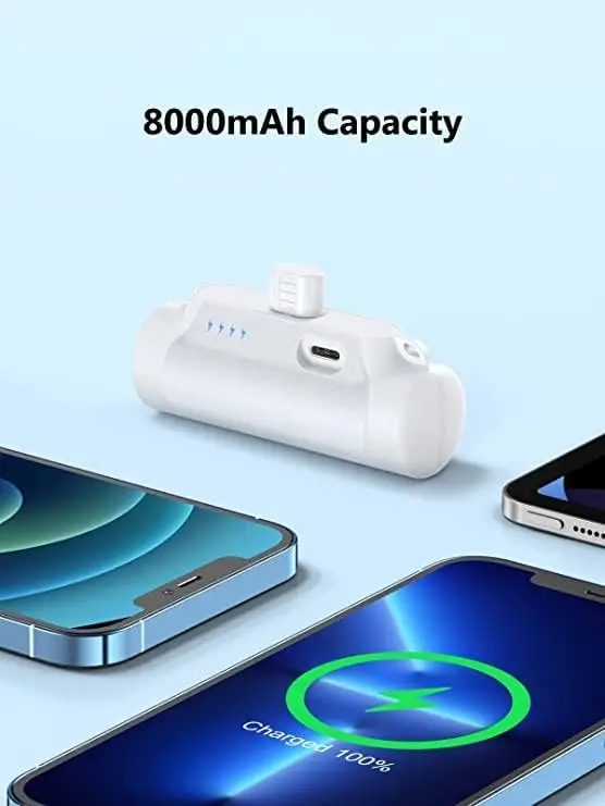 Abnoys Portable-Charger-Power-Bank - 8000mAh Mini Power Bank Ultra Compact Portable Phone Charger Battery Pack Compatible with iPhone Comes with a Type-C Conversion Interface (White) - Image 2