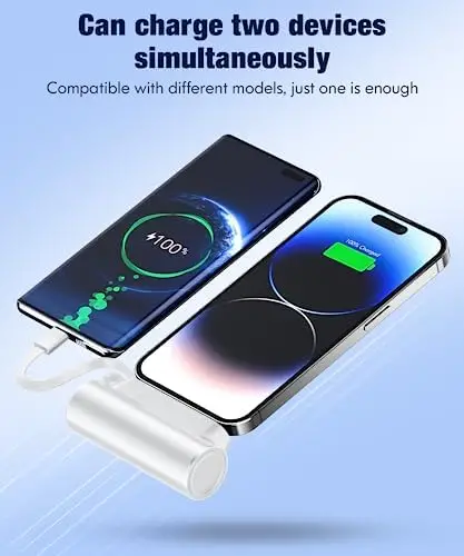 Portable-Charger-Power-Bank - 8000mAh Small Portable Phone Charger 5V3.1A Fast Charger Built-in Type-C Cable and Phone Holder Cute Battery Pack for iPhone and Android Phone(White) - Image 2