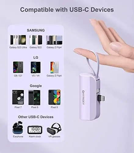 QHYRGEY Portable Charger Power Bank USB C, 5000mAh Fast Charging Battery Pack Built in Cable and Metal Stand Compatible with Samsung Galaxy S21, S20, S10, Note 20, Google Pixel, LG, and More (Purple) - Image 3