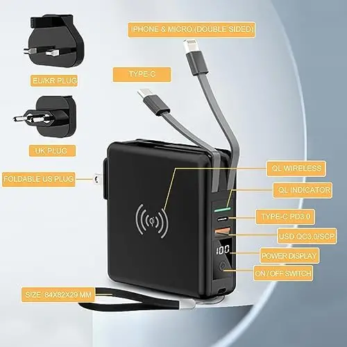 Pwr Travel - 5 in 1 Power Bank - Travel 5 in 1 Power Bank, Portable Charger with Ac Wall Plug & Built-in Cables, Built-in Type-C and Lighting USB Cable 4 Output and 2 Input (White) - Image 4