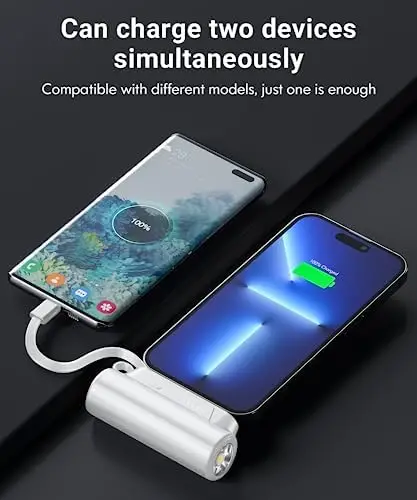 Portable-Charger-Power-Bank - 8000mAh Small Portable Phone Charger 5V3.1A Fast Charger Built-in Type-C Cable Flashlight and Phone Holder Cute Battery Pack for iPhone and Android Phone(White) - Image 3