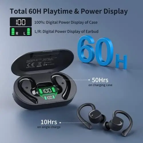 Wireless Earbuds Sports Wireless Headphones 4 Mic Clear Calls 60H Playtime Dual LED Power Display Wireless Charging case Flexible Earhooks Earphones IPX7 Waterproof Headsets for Running, Gym - Image 4