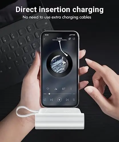 Portable-Charger-Power-Bank - 8000mAh Small Portable Phone Charger 5V3.1A Fast Charger Built-in Type-C Cable Flashlight and Phone Holder Cute Battery Pack for iPhone and Android Phone(White) - Image 4