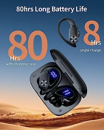 Bluetooth Headphones Wireless Earbuds 80hrs Playtime Wireless Charging Case Digital Display Sports Ear buds with Earhook Premium Deep Bass IPX7 Waterproof Over-Ear Earphones for TV Phone Laptop Black - Image 2