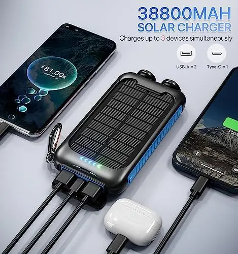 Solar Charger Power Bank, Nuynix 38800mAh Portable Phone Charger with 1 Type C & 2 USB Ports Built-in Dual LED Flashlight, 15W Fast Charging Waterproof Solar Panel Charger for iPhone, iPad, Samsung - Image 3