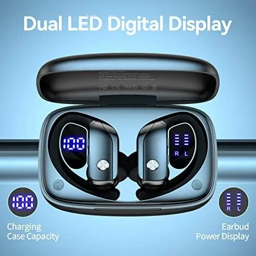 Wireless Earbuds Bluetooth Headphones 48hrs Play Back Sport Earphones with LED Display Over-Ear Buds with Earhooks Built-in Mic Headset for Workout Black BMANI-VEAT00L - Image 2