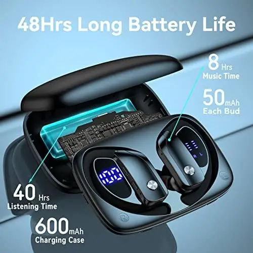 Wireless Earbuds Bluetooth Headphones 48hrs Play Back Sport Earphones with LED Display Over-Ear Buds with Earhooks Built-in Mic Headset for Workout Black BMANI-VEAT00L - Image 3