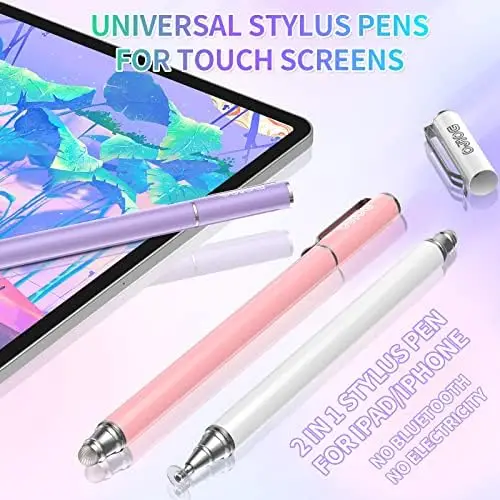 Stylus Pens for Touch Screens (3 Pcs), 2 in 1 Stylus Pen for iPad High Sensitivity & Precision Capacitive Stylus Compatible with Apple iPhone, iPad, Android, Tablets, Samsung (White/Pink/Purple) - Image 2