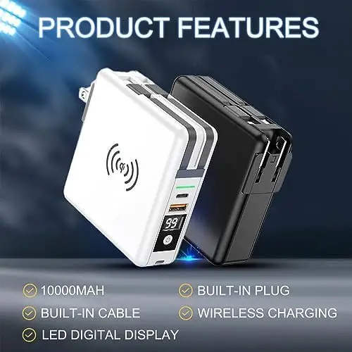 Pwr Travel - 5 in 1 Power Bank - Travel 5 in 1 Power Bank, Portable Charger with Ac Wall Plug & Built-in Cables, Built-in Type-C and Lighting USB Cable 4 Output and 2 Input (White) - Image 5