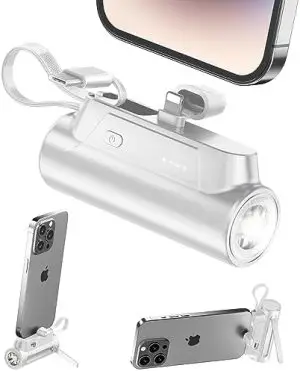 Portable-Charger-Power-Bank - 8000mAh Small Portable Phone Charger 5V3.1A Fast Charger Built-in Type-C Cable Flashlight and Phone Holder Cute Battery Pack for iPhone and Android Phone(White)