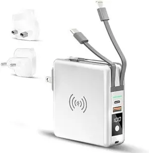 Pwr Travel - 5 in 1 Power Bank - Travel 5 in 1 Power Bank, Portable Charger with Ac Wall Plug & Built-in Cables, Built-in Type-C and Lighting USB Cable 4 Output and 2 Input (White)