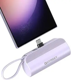 QHYRGEY Portable Charger Power Bank USB C, 5000mAh Fast Charging Battery Pack Built in Cable and Metal Stand Compatible with Samsung Galaxy S21, S20, S10, Note 20, Google Pixel, LG, and More (Purple)