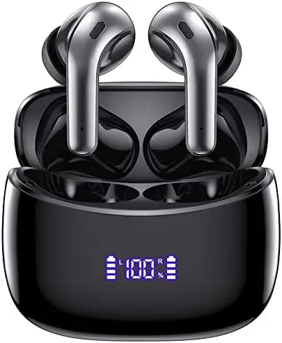 Wireless Earbuds Bluetooth Headphones 60H Playtime Ear Buds with LED Power Display Charging Case Earphones in-Ear Earbud with Microphone for Android Cell Phone Gaming Computer Laptop Sport Black